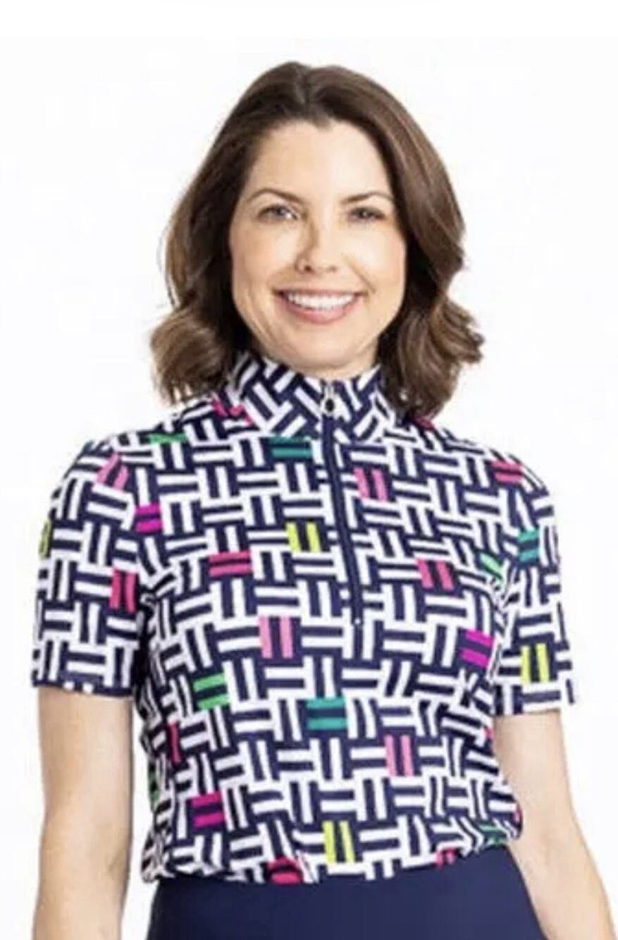 Kinona Shirt Womens M Quarter Zip Short Sleeve Golf Top Geometric Maze